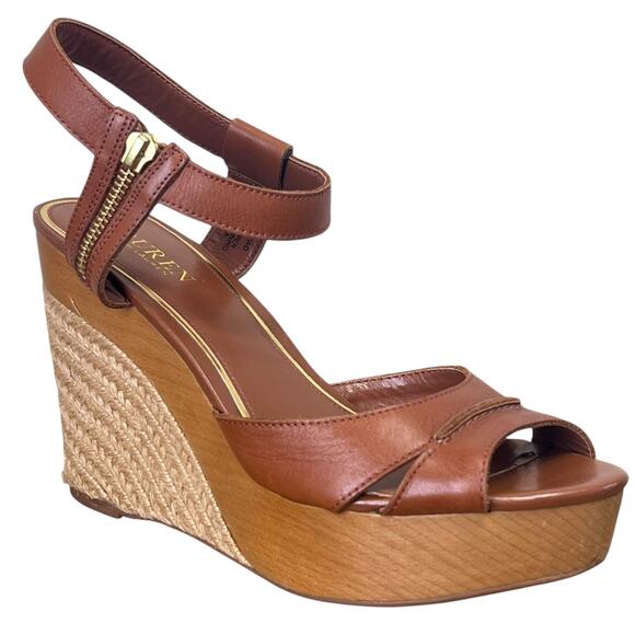 Lauren Ralph Lauren Gwen Espadrille Wedge Sandals Brown Leather 9M Open Toe - Picture 1 of 16